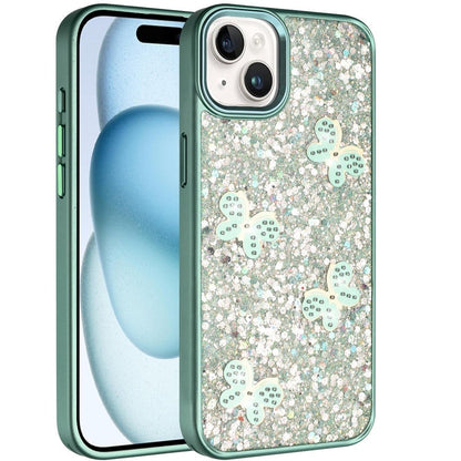 For iPhone 15 (6.1") Cute Butterfly Crystal Diamond Glitter Case Sparkle Bling Frame Metallic Edges, Shimmer TPU Hybrid Case Cover