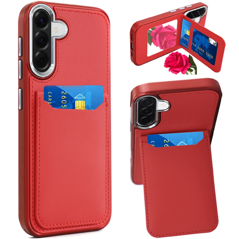 For Samsung Galaxy A37 PU Leather Wallet Cover with Credit Card Holder, Kickstand & Mirror Inside Slim Fit TPU & PC Hybrid Design Case Cover