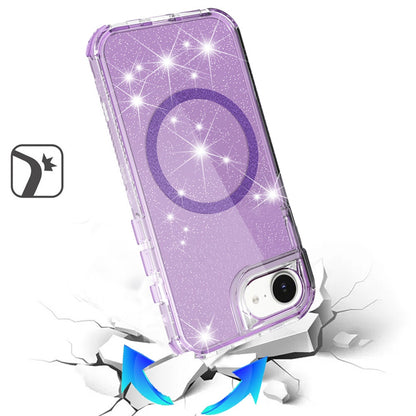 For Apple iPhone 17E /16E Magnetic Circle Compatible with Magsafe, Bling Glitter Sparkle 3-in-1 Hybrid Shockproof TPU Bumper Case Cover Purple