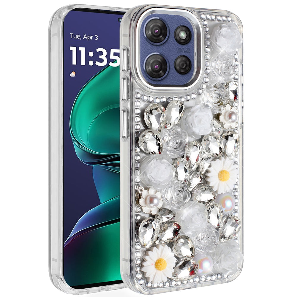 For Motorola Moto G Stylus 5G 2026 /2025 Fashion Daisy Floral Series, Full 3D Bling Crystal Diamonds Sparkling Rhinestone Glitter Hybrid Design Case Cover White
