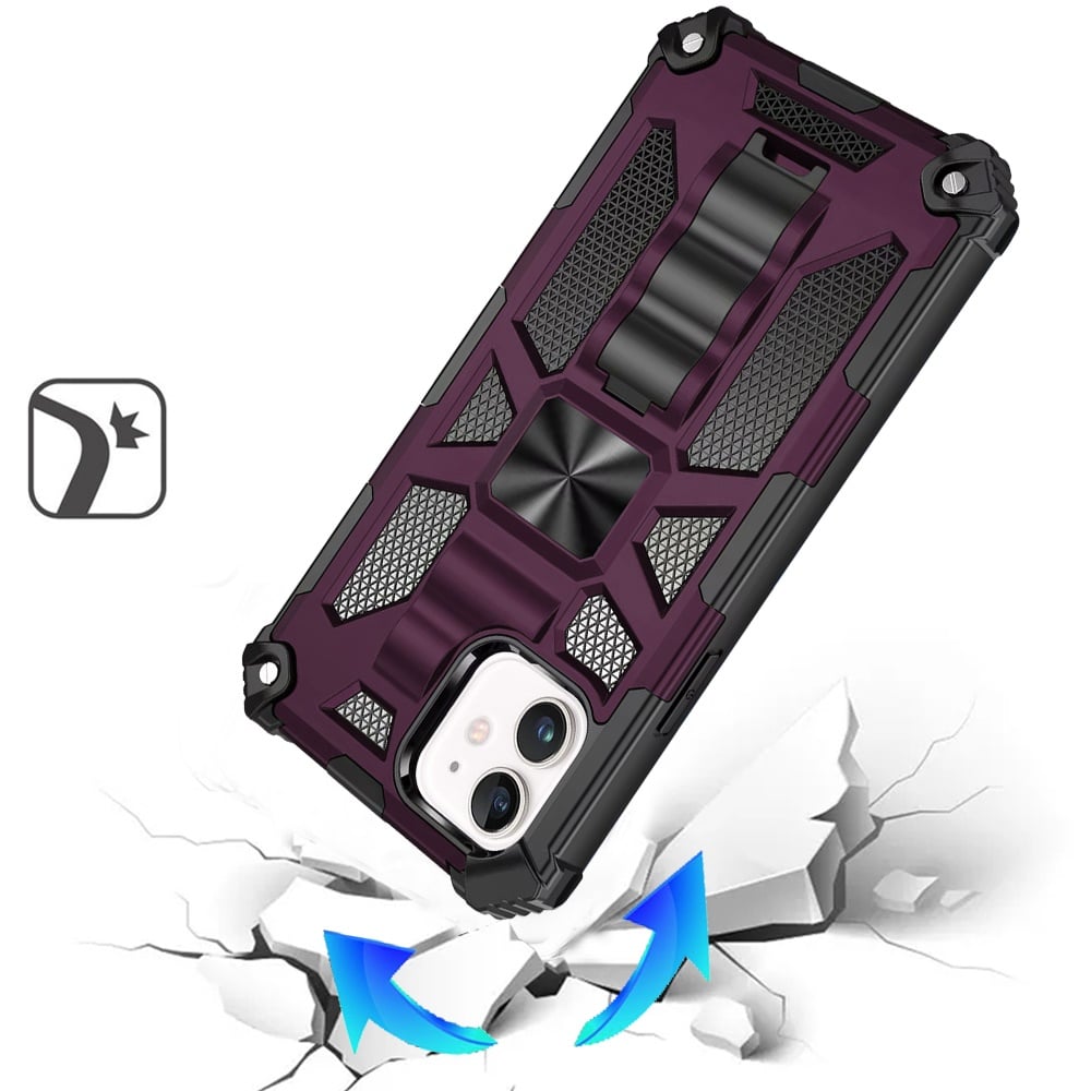 Phone Case for Apple iPhone 12 /12 Pro Built in Magnetic Hiden Kickstand Shockproof Rugged Armor Grip Hybrid Heavy Duty Anti Slip Protective Style Cover Purple