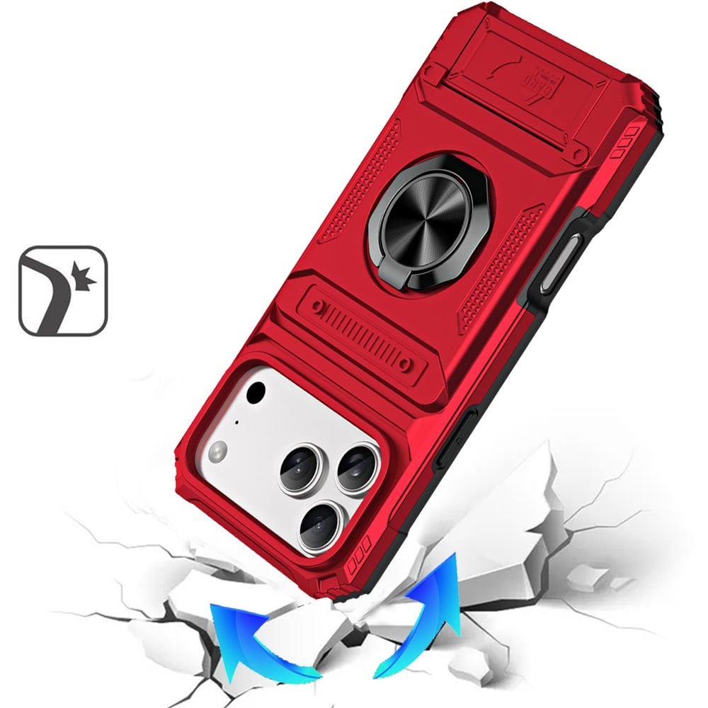 Phone Case for Apple iPhone 18 Pro Max Multi Functional Card Slot Shockproof Metal Ring Hybrid Wallet Rugged Protective Grip Heavy Duty Durable Cover Red