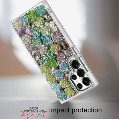 Phone Case for Galaxy S22 Ultra 3D Flower Bling Rhinestone Glitter Cute Stylish Shockproof Protective Decorative Luxury Grip Stones Ornaments Cover