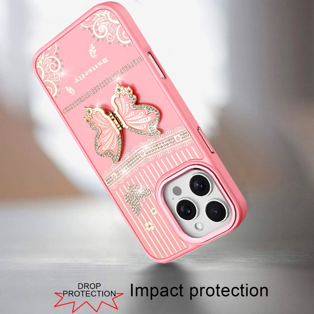 Phone Case for Apple iPhone 16 Pro Max Glitter Bling Butterfly Stand Metallic Edge Hybrid Shockproof Grip Durable Camera Protection Stylish Design Cover Light Pink