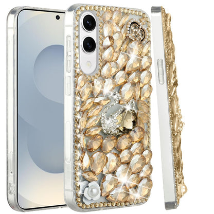 For Samsung Galaxy S25 Edge Bling Crystal 3D Full Diamonds Luxury Sparkle Rhinestone Hybrid Protective Case Cover Gold Swan Crown Pearl