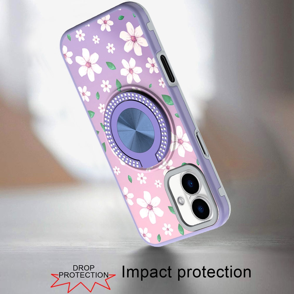 For iPhone 16 (6.1") Pattern Design Hybrid with Invisible Ring Stand & Magnetic Back, Shockproof Protective Grip Case Cover