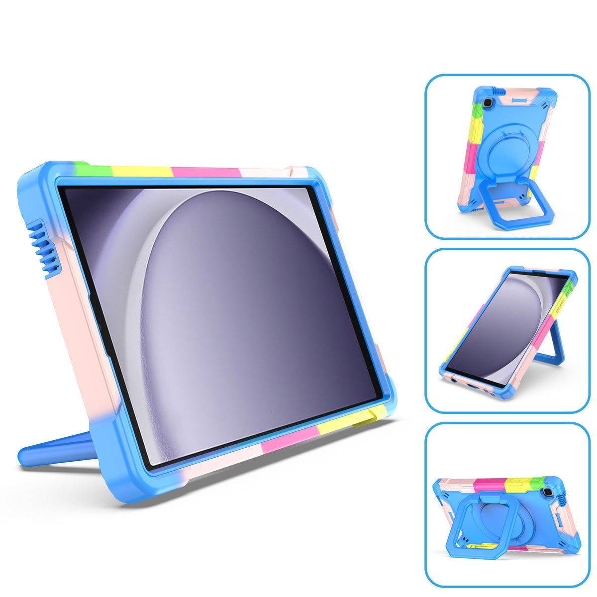 For Tough Hybrid 3 in 1 Case with 180° Rotating Kickstand, Adjustable Shoulder Strap, Shockproof TPU Rubber PC Rainbow /Blue Tablet Case Cover
