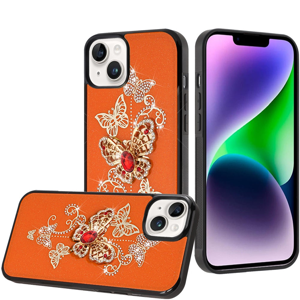 Phone Case for Apple iPhone 14/13 Diamond 3D Fashion Floral Glitter Engraved Luxury Bling Hybrid Shockproof Chrome Edge Protective Grip Cover Garden Butterflies Cosmic Orange