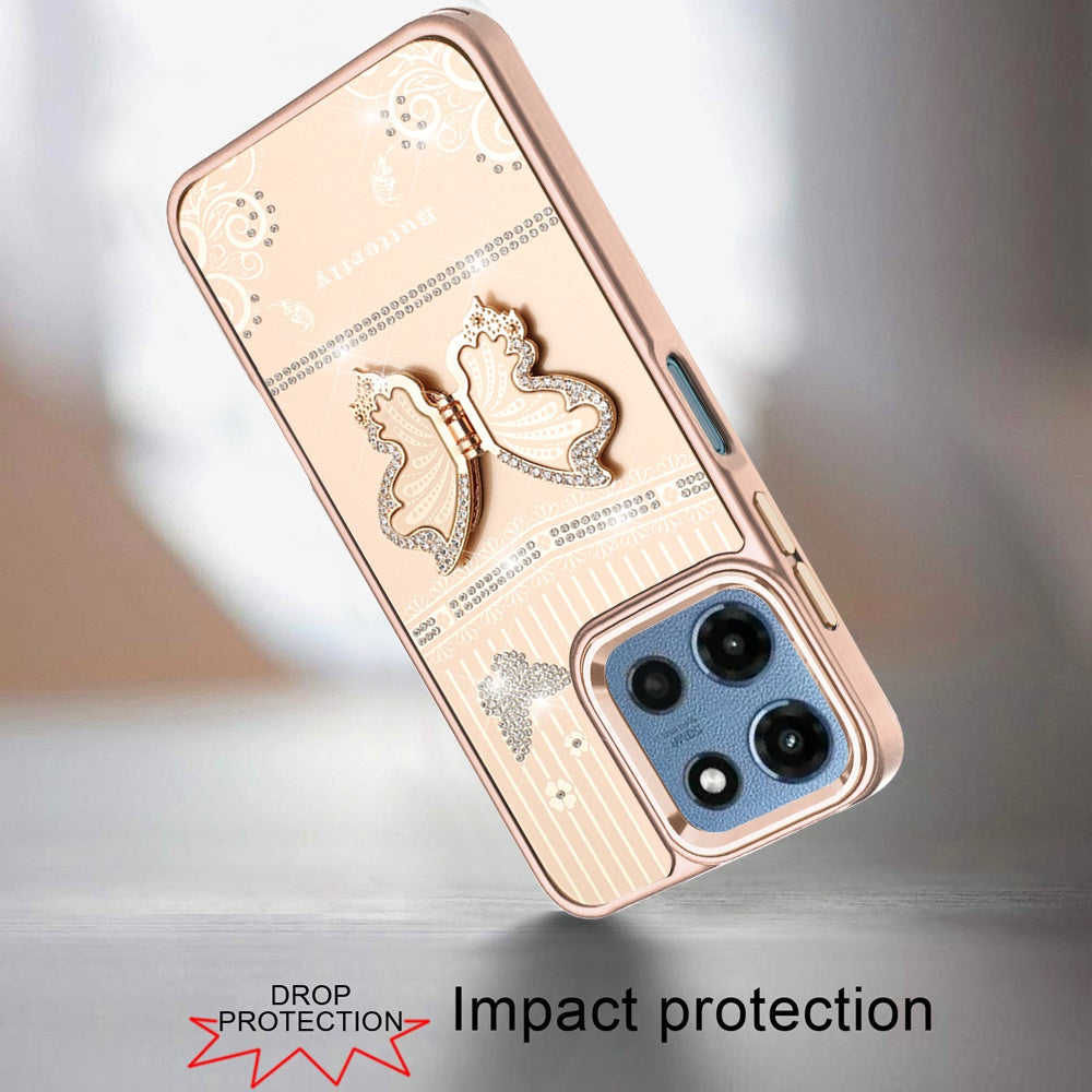 For Motorola Moto G 5G 2026/2025 Glitter 3D Butterfly Design Bling Metallic Edge Hybrid Stand Drop Protection TPU Shockproof Case Cover Cosmic Orange