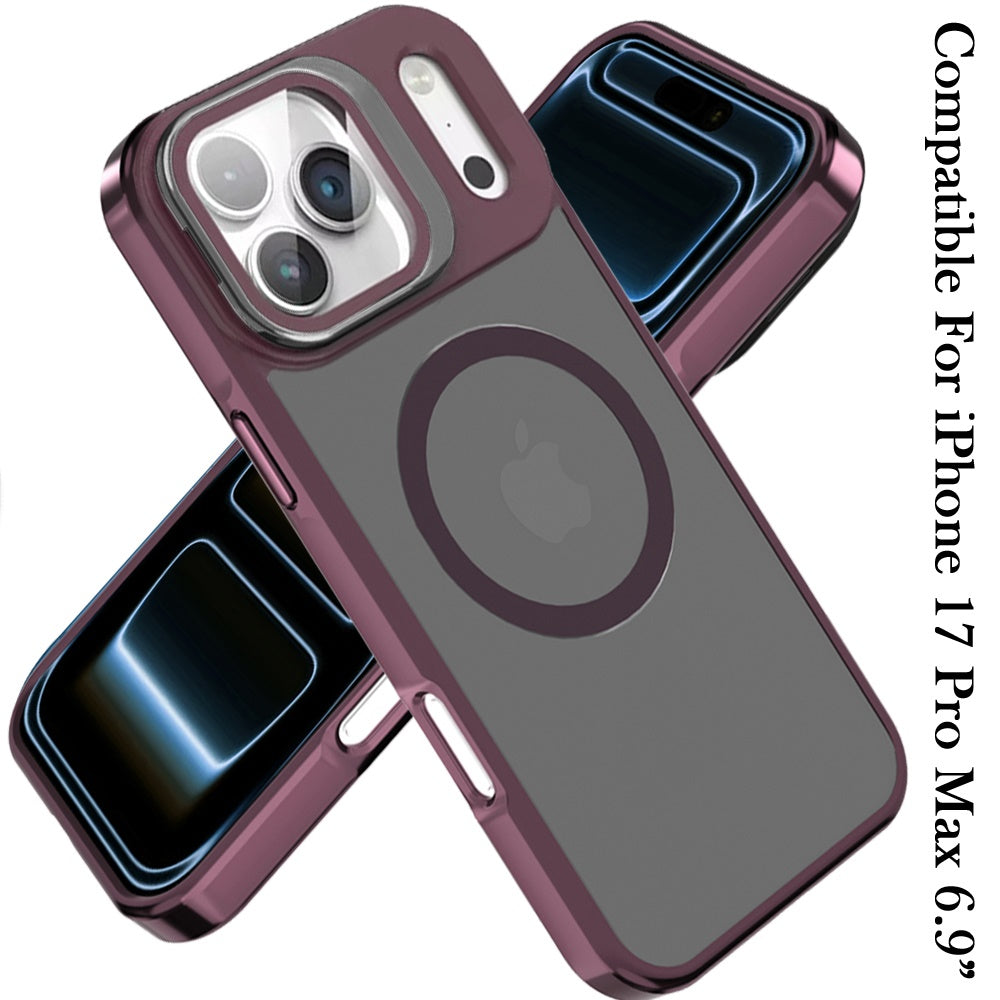 For Apple iPhone 17 Pro Max (6.9") Tough HQ Hybrid Case with Aluminum Frame Camera Stand, Compatible with MagSafe, Translucent Matte Shockproof Case Cover Burgundy