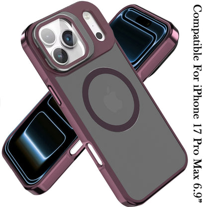 For Apple iPhone 17 Pro Max (6.9") Tough HQ Hybrid Case with Aluminum Frame Camera Stand, Compatible with MagSafe, Translucent Matte Shockproof Case Cover Burgundy