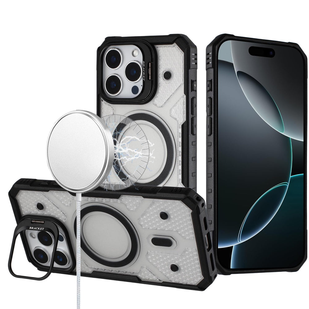 For Apple iPhone 14 /13 Transparent Tough Dotted Magnetic Case with Camera Stand & Hybrid Grip Shockproof Case Cover