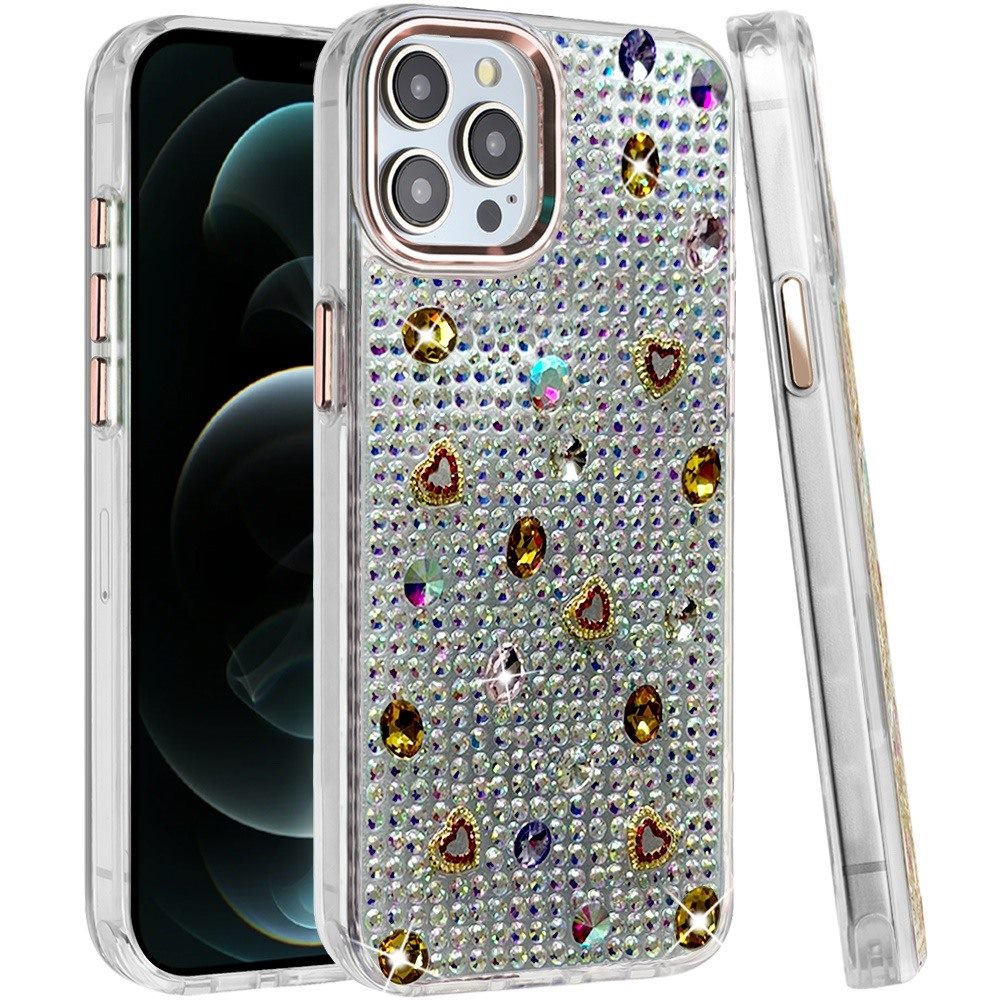Phone Case for Apple iPhone 12 Pro Max Chrome Fashion Hybrid Bling Diamond Heart Rhinestone Decorative Stones Sparkling Embellished Design Cover