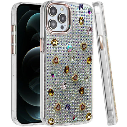 Phone Case for Apple iPhone 12 Pro Max Chrome Fashion Hybrid Bling Diamond Heart Rhinestone Decorative Stones Sparkling Embellished Design Cover