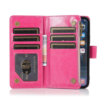 Phone Case for Apple iPhone 16 Luxury Leather Wallet Card Holder Zipper Pocket Money Storage Protective Grip Design with Strap Cover Hot Pink