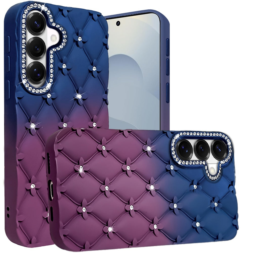 For Samsung Galaxy S26 Fashion Flower Design Sparkle Glitter Shimmer Rhinestone Bling Floral Accents, Leather Texture TPU Case Cover