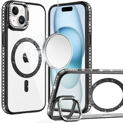 Phone Case for Apple iPhone 15 Luxury Diamond Bling Edged Magnetic Glitter Shockproof Hybrid with Camera Kickstand Durable Grip Cover
