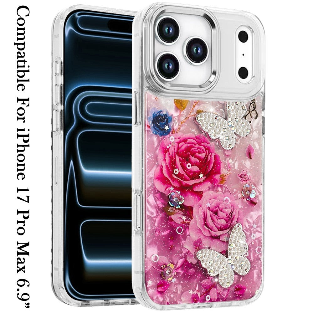 Phone Case for Apple iPhone 17 Pro Max Glitter Butterfly Design Metal Buttons Shockproof Hybrid Anti Scratch Durable Protective Slim Grip Stylish Cover