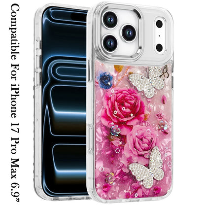 Phone Case for Apple iPhone 17 Pro Max Glitter Butterfly Design Metal Buttons Shockproof Hybrid Anti Scratch Durable Protective Slim Grip Stylish Cover
