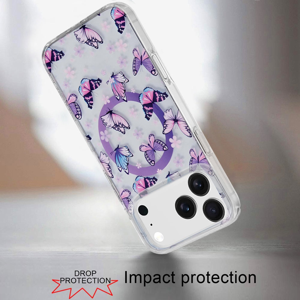 For Apple iPhone 17 Stylish Pattern Fashion IMD Printed Design TPU Double Layer Slim Shockproof with Magnetic Back Case Cover Purple Butterflies