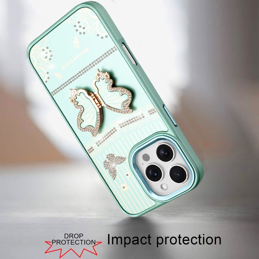 For iPhone 16 Pro Max (6.9") Glitter 3D Butterfly Design Bling Metallic Edge Hybrid Stand Drop Protection TPU Shockproof Protector