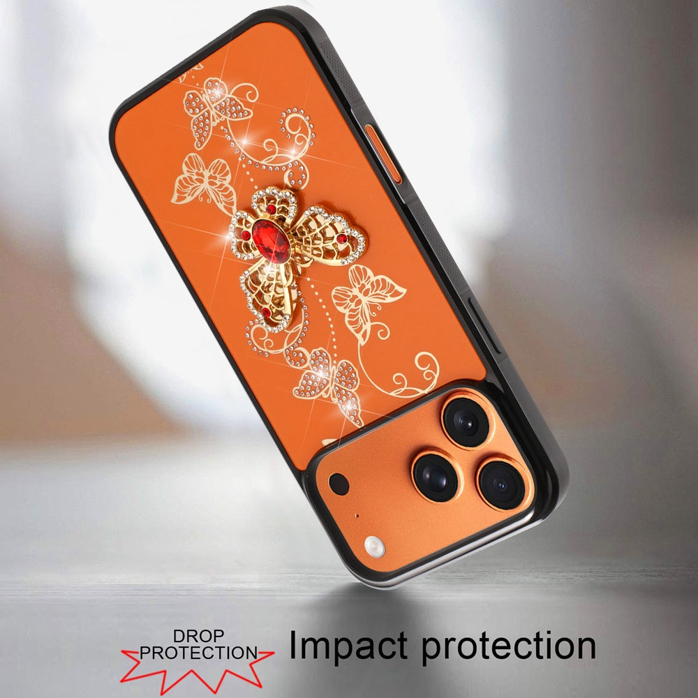 Phone Case for Apple iPhone 17 Pro Max (6.9") Diamond Glitter 3D Butterfly Engraved Luxury Bling Hybrid Shockproof Chrome Edge Protective Durable Grip Cover Garden Butterflies Cosmic Orange