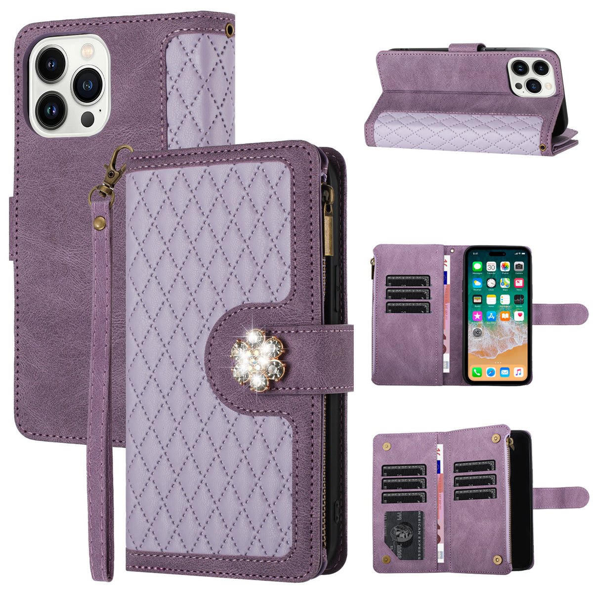 PU Leather Wallet Design Jewel Bling with Credit Card Holder Flip Folio Pouch Zipper Purse Wrist Strap