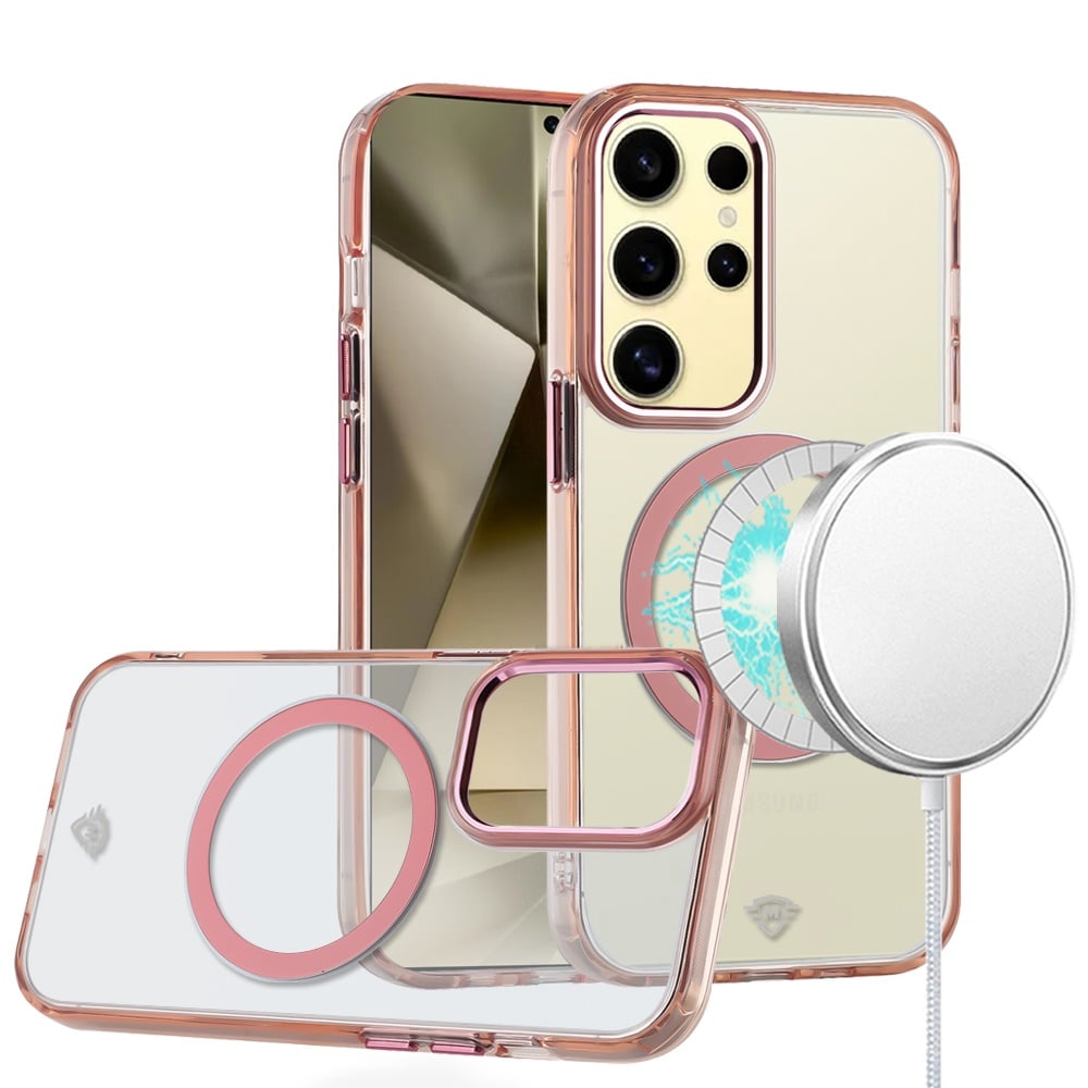 For Samsung Galaxy S24+ Plus Transparent Back Hybrid Case - Magnetic Circle, Color Frame, Metal Buttons, MagSafe Compatible Case Cover