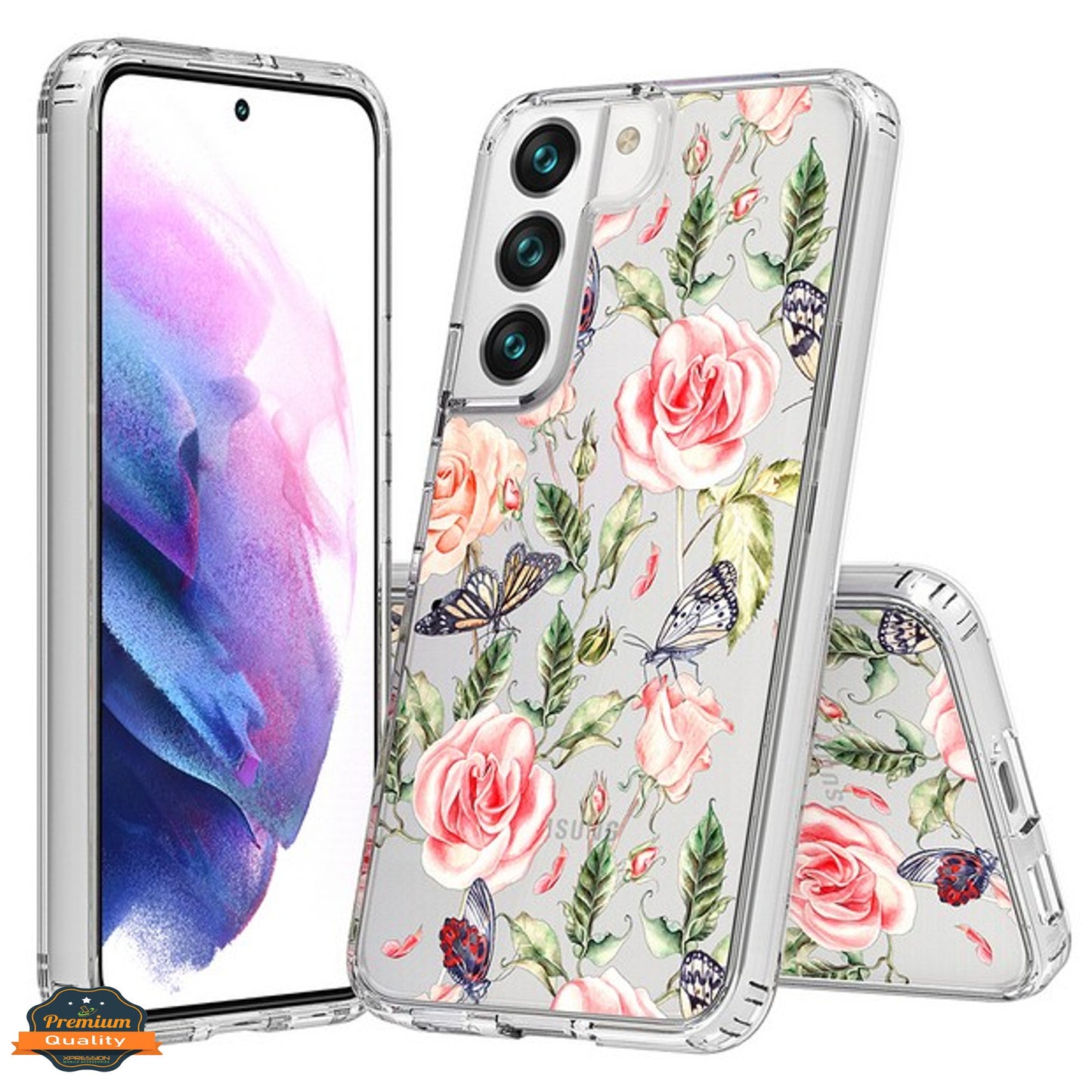 For Samsung Galaxy S25 /S24 Floral Pattern Hybrid Transparent TPU Silicone, Shock Absorption Bumper, Hard Back Slim Case Cover