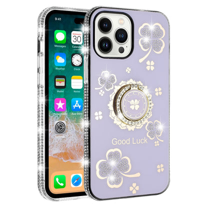 For Apple iPhone 16 Plus (6.7") Diamonds Bling All Around Edges Sparkly Glitter Hybrid with Ring Stand Holder Fashion Good Luck Case Cover
