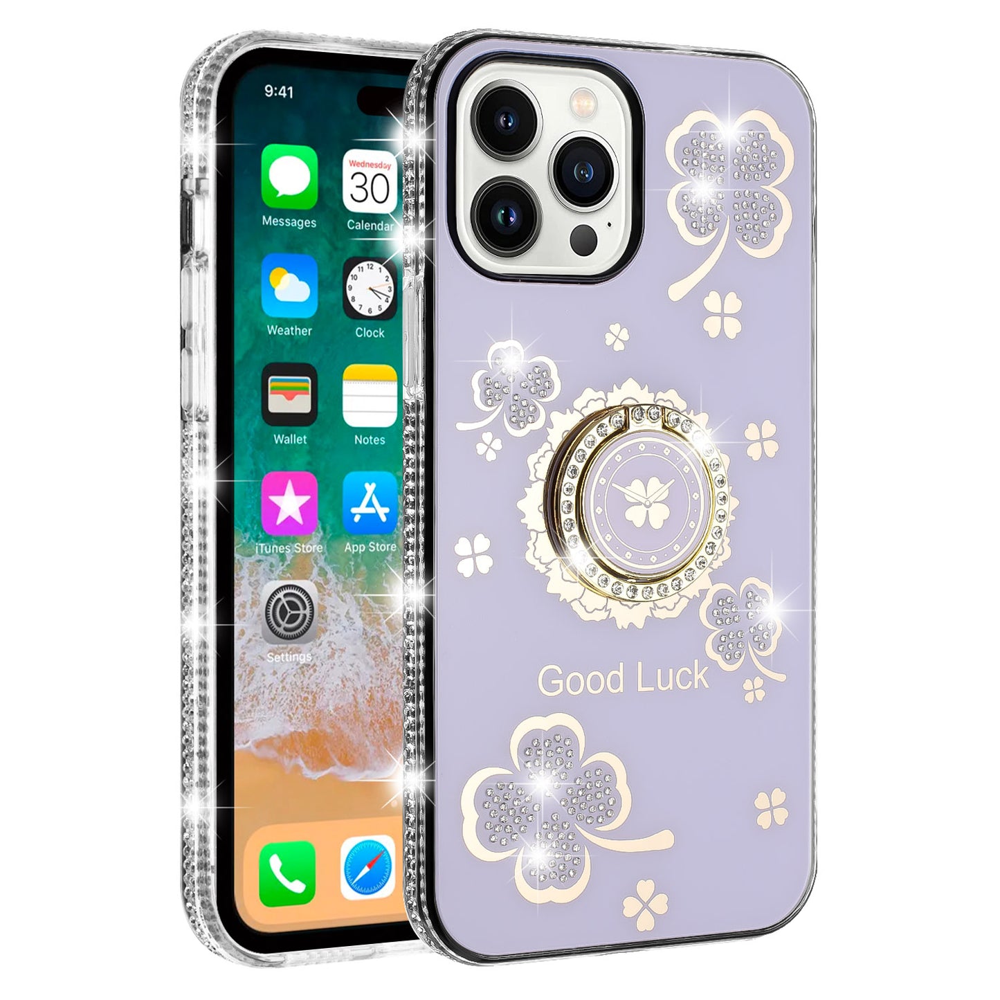 For Samsung Galaxy S22 Diamonds Bling All Around Edges Sparkly Glitter Hybrid with Ring Stand Holder Fashion Good Luck Case Cover