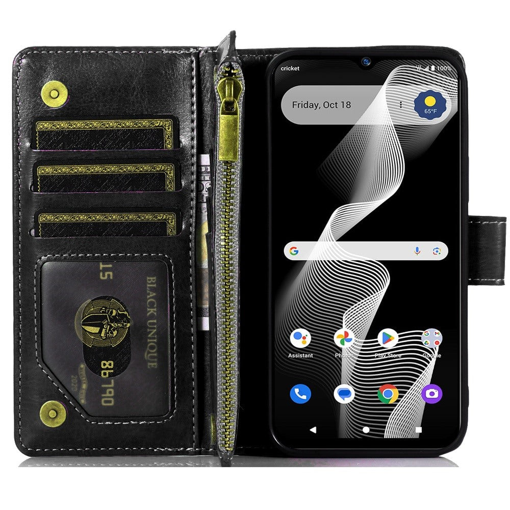 For Apple iPhone 16e Leather Wallet Case with Zipper, 9 Card Slots, Cash Pocket, Stand & Strap, Clutch Pouch Design Case Cover Black