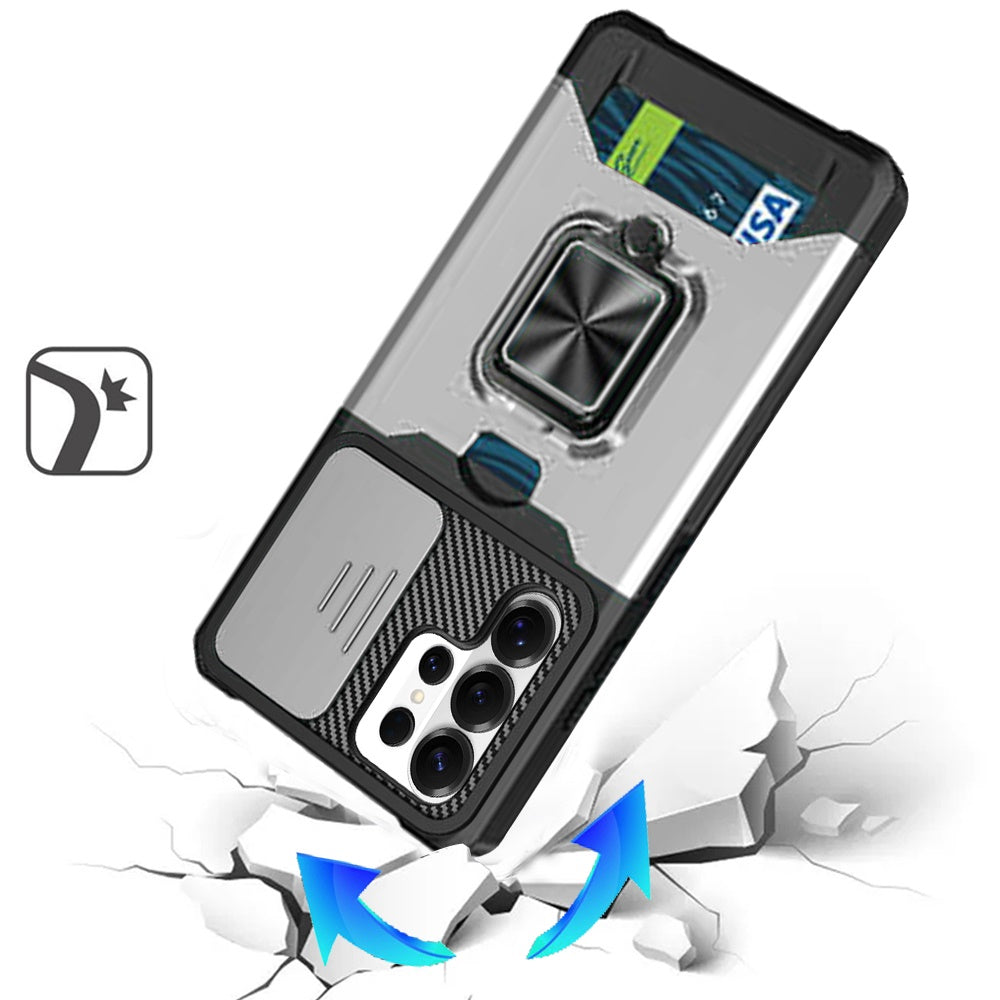 For Samsung Galaxy S26 Ultra Wallet Case with Ring Stand & Slide Camera Cover Back Credit Card Slot Holder, Military Grade Case Cover