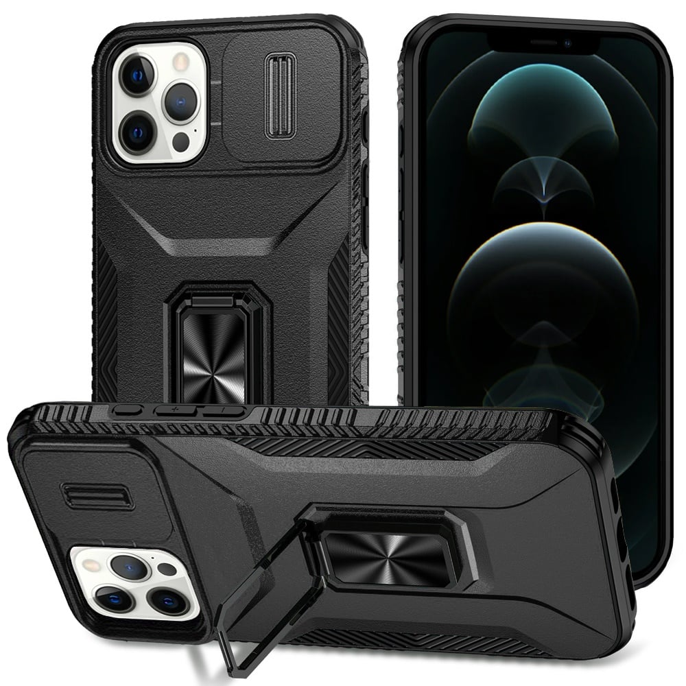 Phone Case for Apple iPhone 12 Pro Max Magnetic Ring Stand Camera Protection Shockproof Heavy Duty Kickstand Rugged Grip Anti Scratch Hybrid Cover Black
