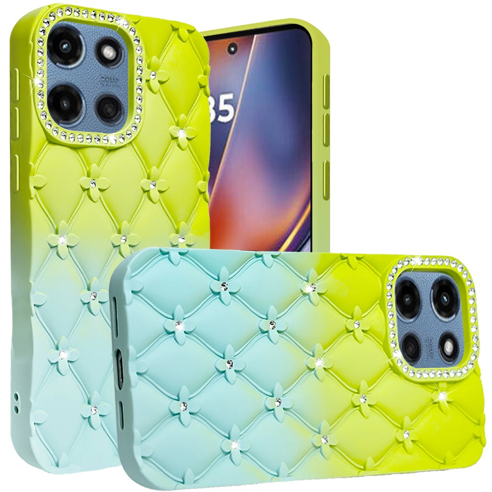 For Motorola Moto G 5G 2026/2025 Fashion Flower Design Sparkle Glitter Shimmer Rhinestone Bling Floral Accents, Leather Texture TPU Case Cover Light Green/Teal