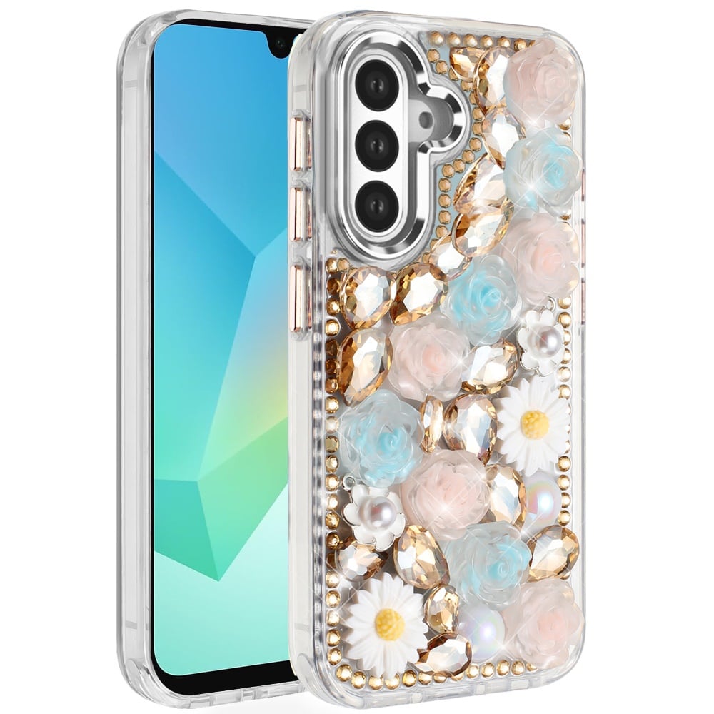 For Samsung Galaxy A16 5G Fashion Daisy Floral Series, Full 3D Bling Crystal Diamonds Sparkling Rhinestone Glitter Hybrid Design Case Cover Gold