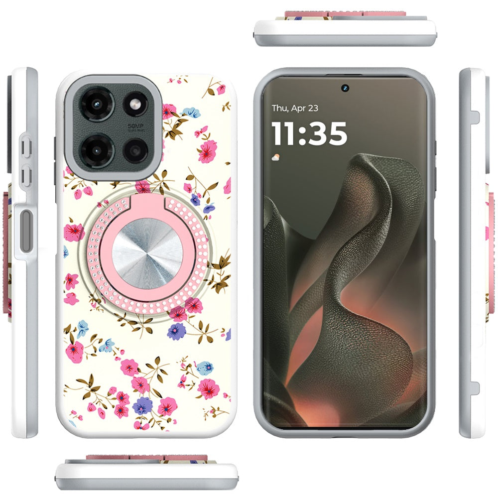 For Motorola Moto G 5G 2025 Pattern Design Hybrid with Invisible Ring Stand & Magnetic Back, Shockproof Protective Grip Case Cover