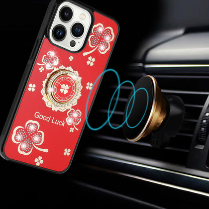 For iPhone 16 (6.1") Diamonds 3D Fashion Floral Bling Sparkly Glitter Ornaments Engraving Hybrid with Ring Stand Case Cover Good Luck Floral Red
