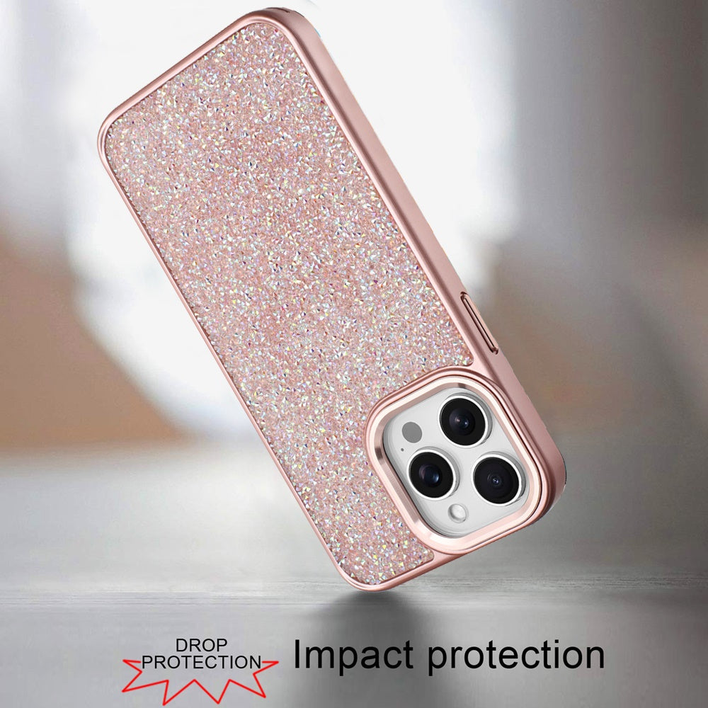 For Apple iPhone 15 Pro Max Crystal Sparkle Diamond Glass Full Mini Glitter Bling Frame TPU Hybrid Protective Case Cover