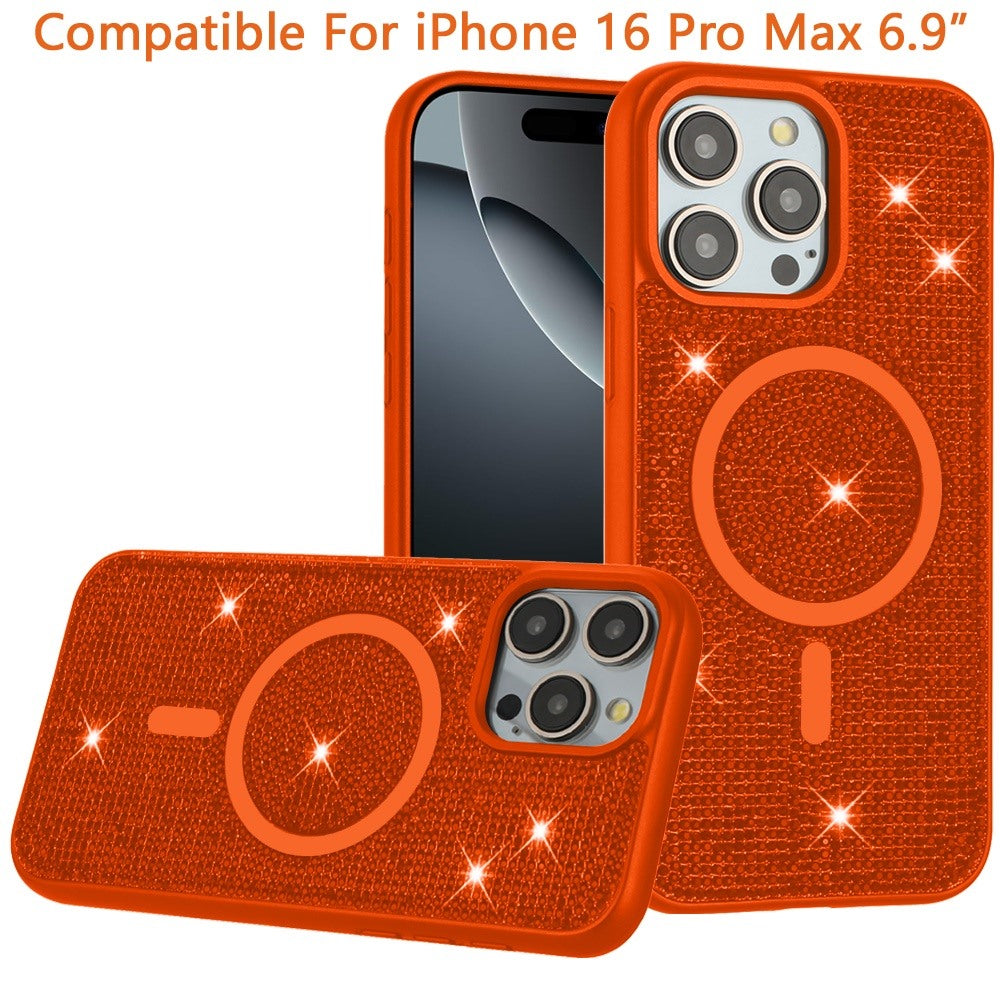 Phone Case for Apple iPhone 16 Pro Max Magnetic Bling Diamond Sparkle Hybrid Shockproof Rugged Grip Durable Protection Anti-Slip Armor Design Cover Cosmic Orange