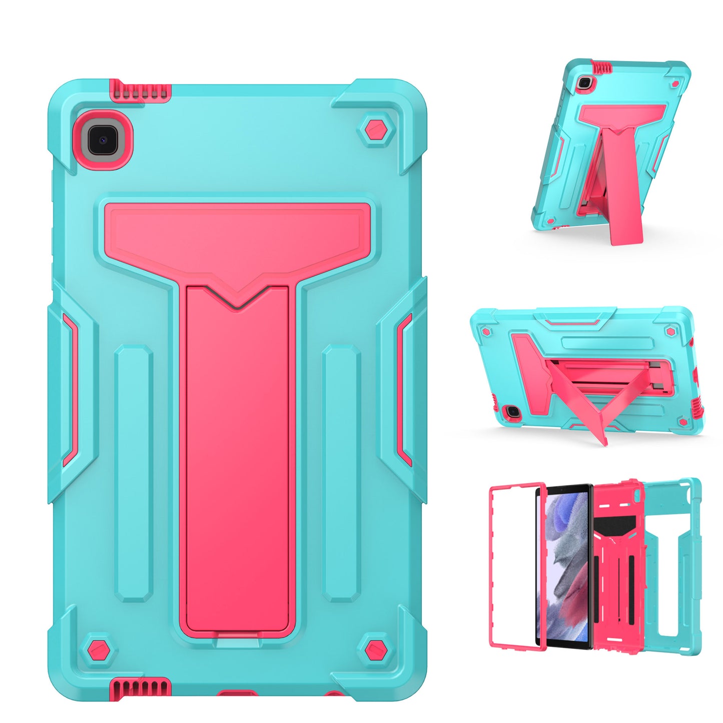 For Tough Hybrid with Vertical 3-in-1 Design, Built-in Kickstand, Shockproof Rugged Full Body with Grip Protection Teal Pink Tablet Case Cover