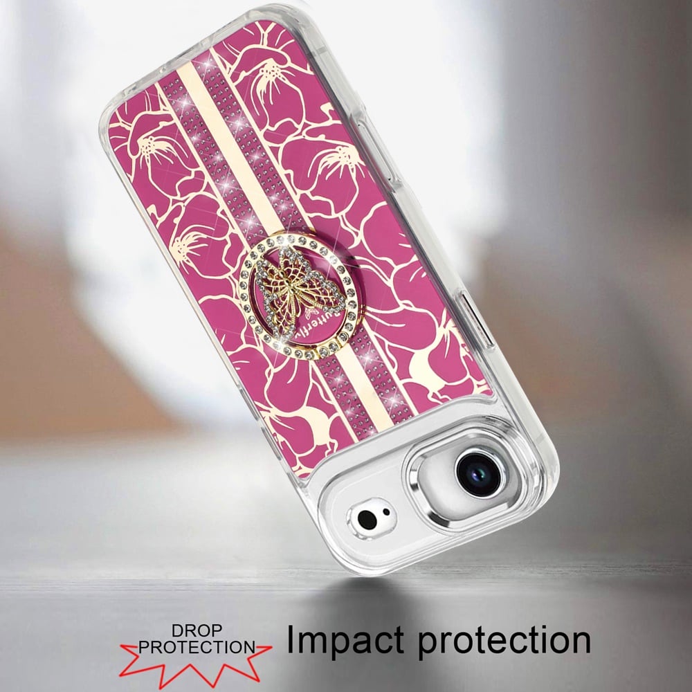 For Apple iPhone 17 Air (6.6") Diamonds 3D Butterfly Floral Design Bling Sparkly Glitter Hybrid Metal Fashion with Ring Stand Case Cover