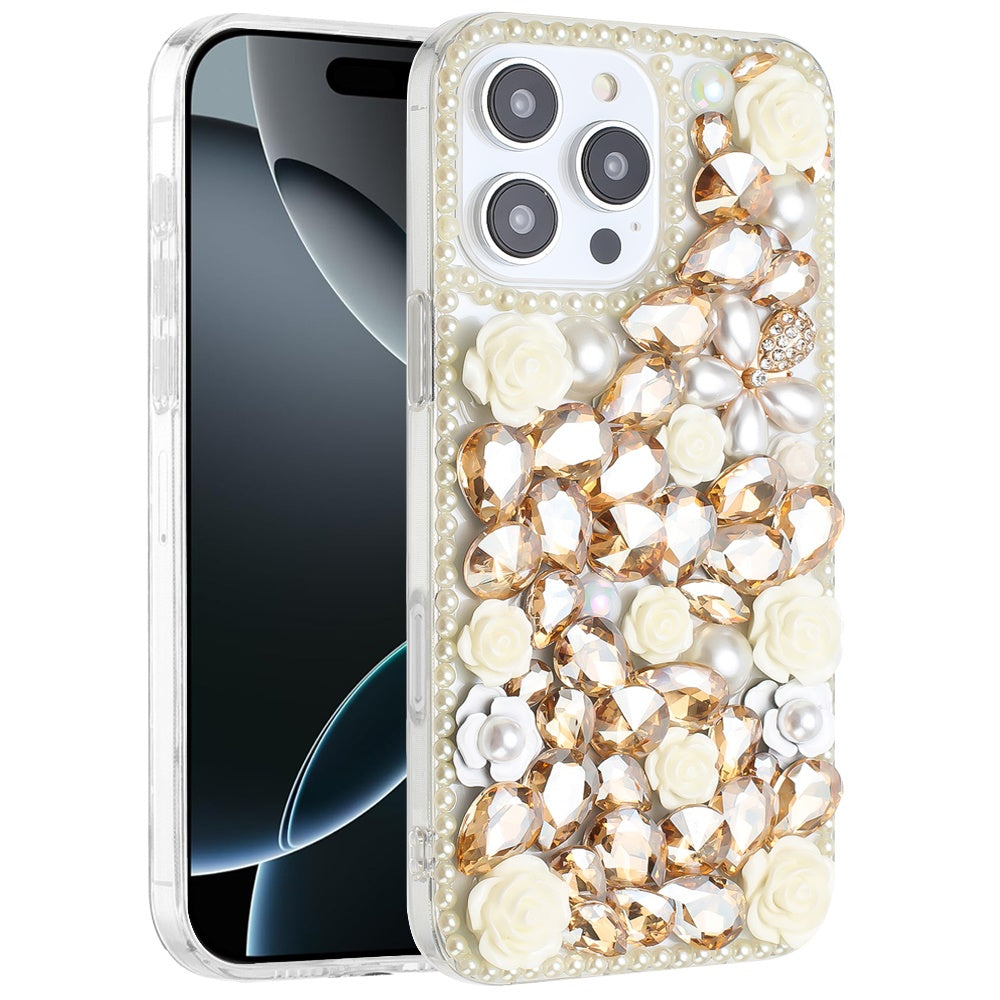 Phone Case for Apple iPhone 16 Pro Max Rose Flower Full Diamond Bling Rhinestone Glitter Luxury Stylish Sparkle Protective Designer Hybrid Cover Yellow