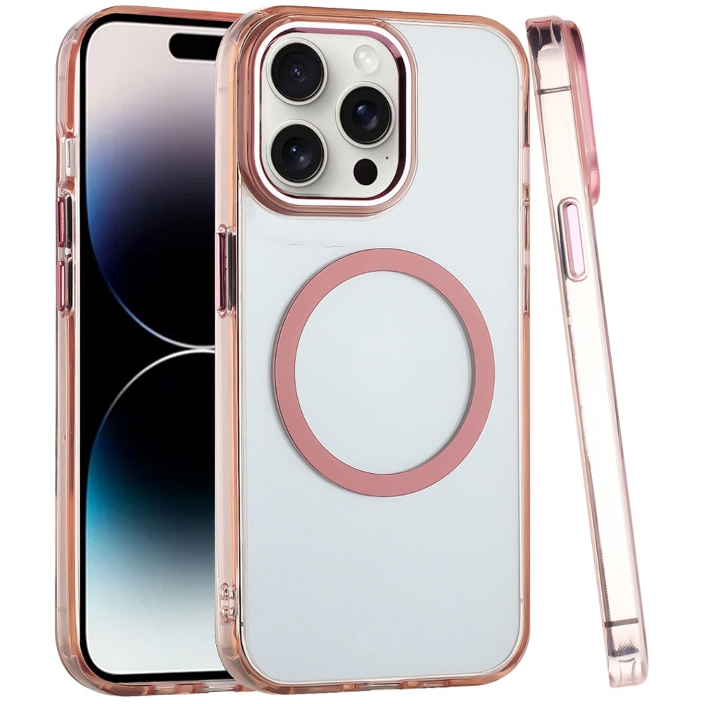 For iPhone 14 Pro Max (6.7") Transparent Back Hybrid Case - Magnetic Circle, Color Frame, Metal Buttons, MagSafe Compatible Case Cover