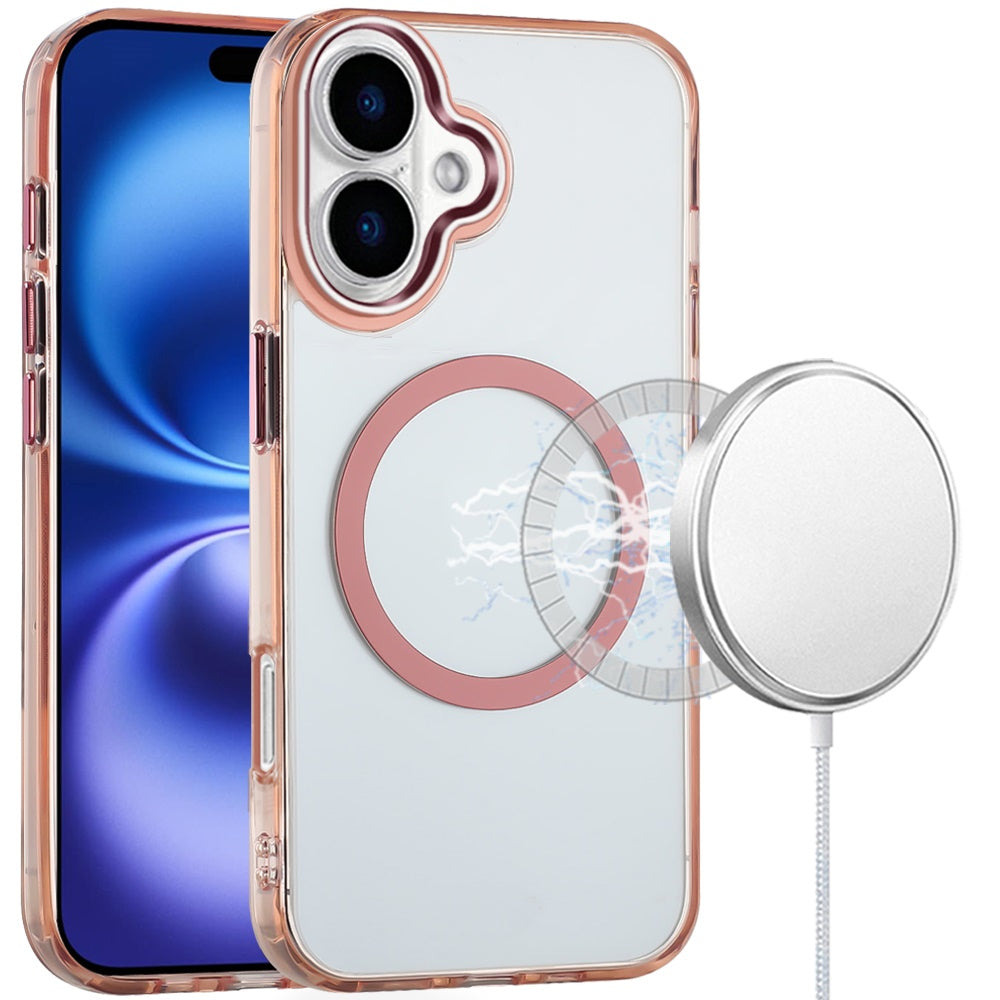 For Apple iPhone 17 (6.3") Transparent Back Hybrid Case - Magnetic Circle, Color Frame, Metal Buttons, MagSafe Compatible Case Cover