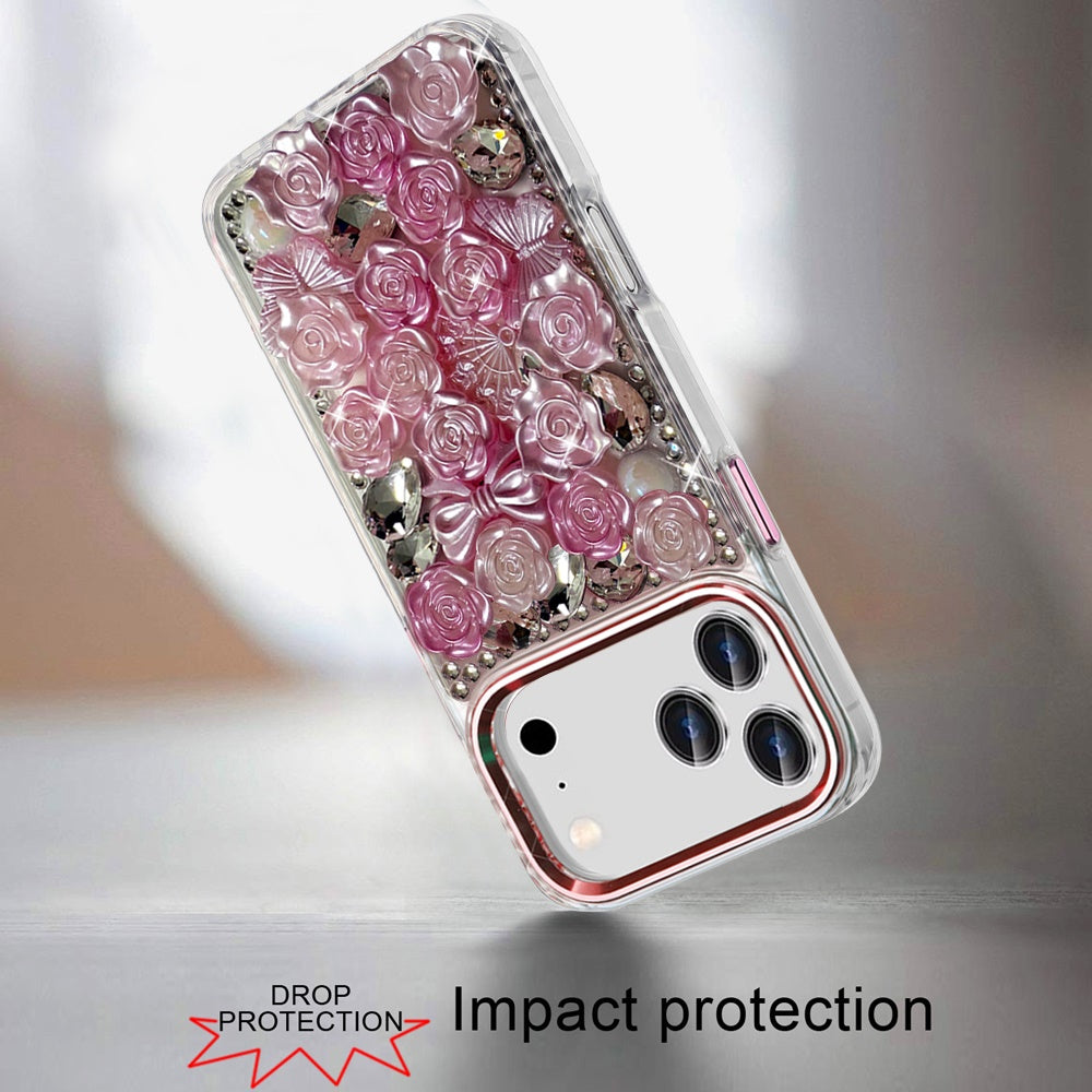 Phone Case for Apple iPhone 17 Pro 3D Flower Bling Rhinestone Glitter Cute Stylish Shockproof Protective Decorative Luxury Grip Stones Ornaments Cover Pink