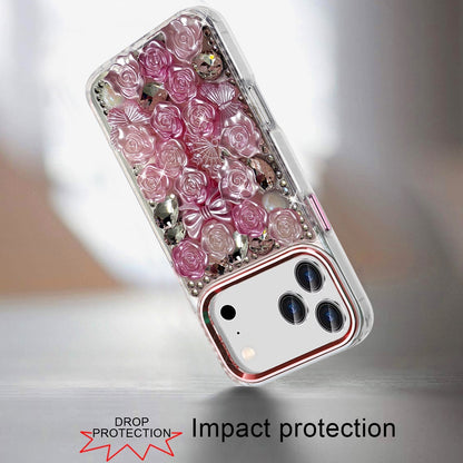 Phone Case for Apple iPhone 17 Pro 3D Flower Bling Rhinestone Glitter Cute Stylish Shockproof Protective Decorative Luxury Grip Stones Ornaments Cover Pink