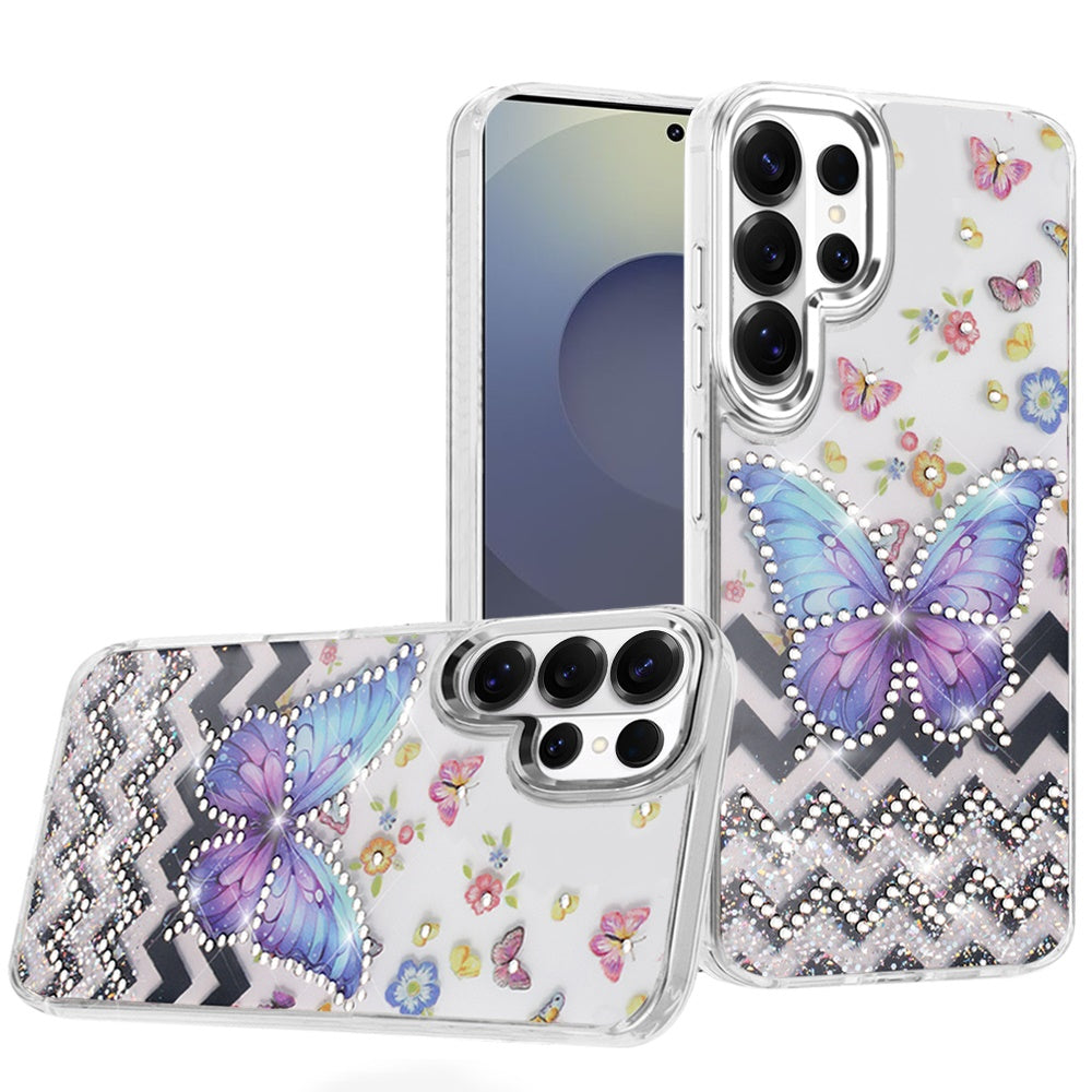 For Samsung Galaxy S26 Ultra Butterfly Resin Epoxy Diamond Design Metal Edged Hybrid Shockproof Heavy Duty Drop Protection Case Cover