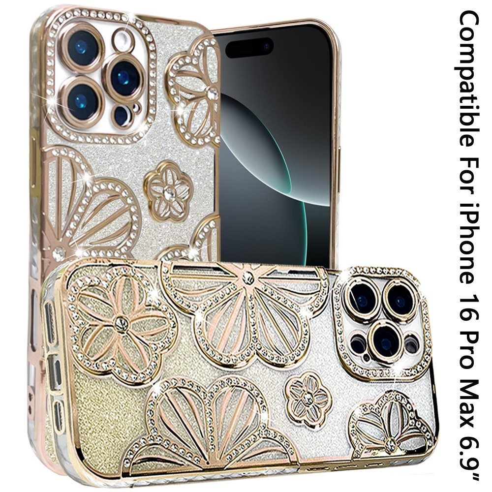 Phone Case for Apple iPhone 16 Pro Max Shimmer Glitter Floral Thick TPU Grip Cover Gold