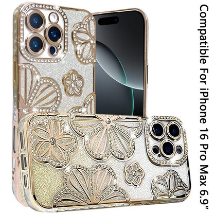 Phone Case for Apple iPhone 16 Pro Max Shimmer Glitter Floral Thick TPU Grip Cover Gold